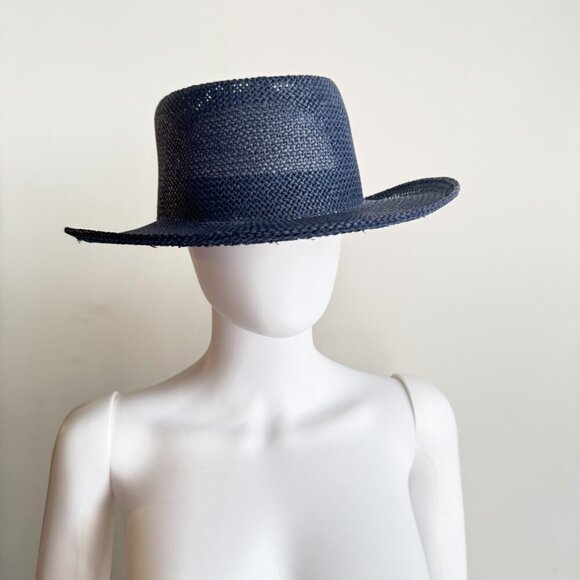 Vintage KP Navy Blue Straw Wide Brim Fedora Hat L - Picture 3 of 8